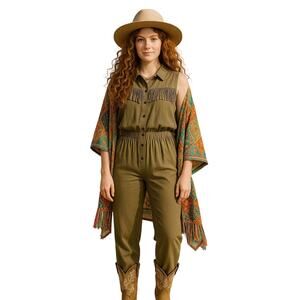 Blush Noir Fringe Jumpsuit Women’s Medium Brown Sleeveless Button Front